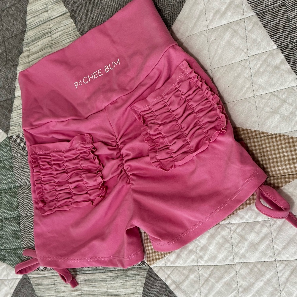 High Waist Pink Ruched Shorts with Drawstring